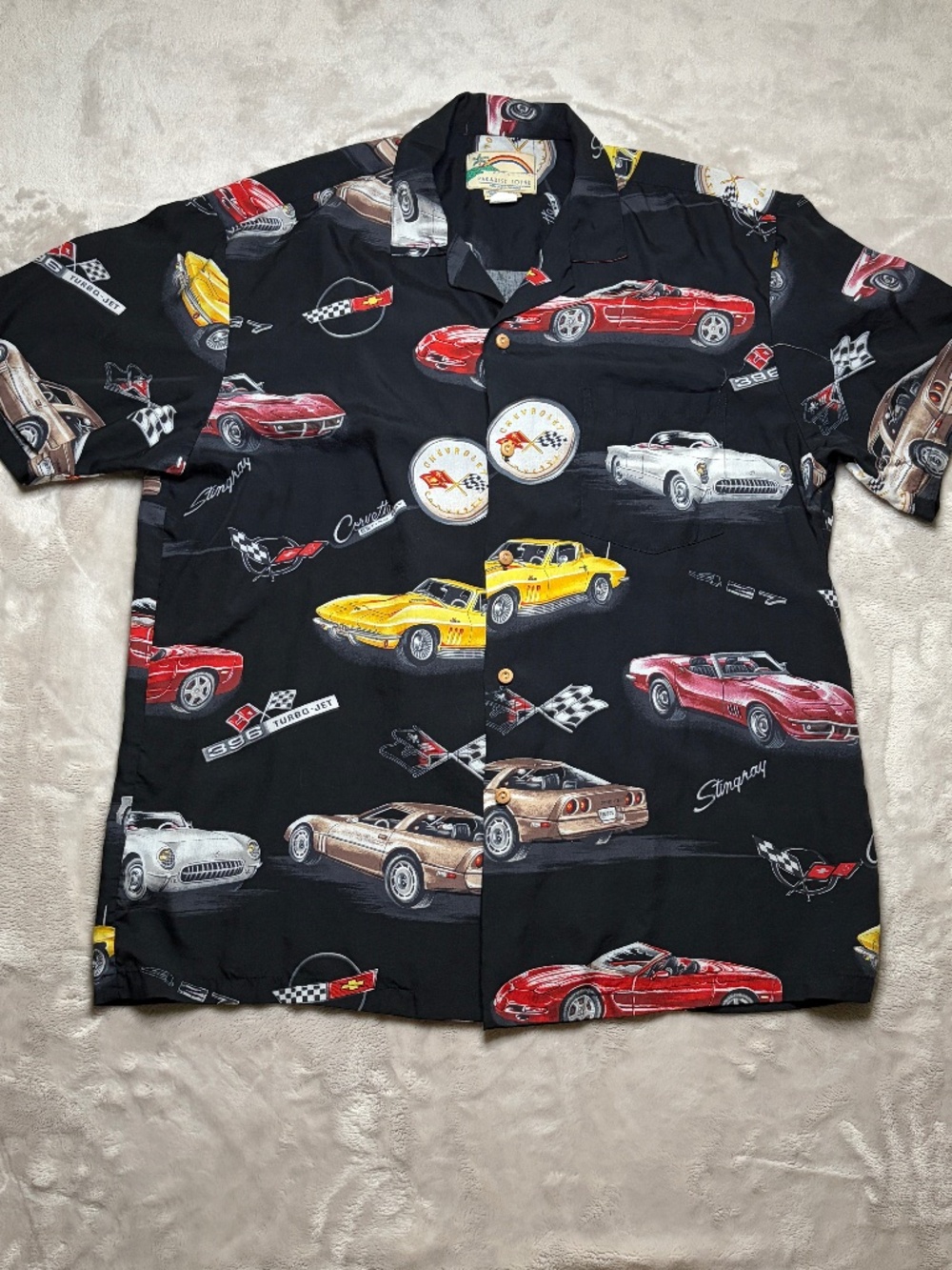 VTG Paradise Found Hawaiian Shirt Mens‎ L Chevy Corvette AOP Short Sleeve USA